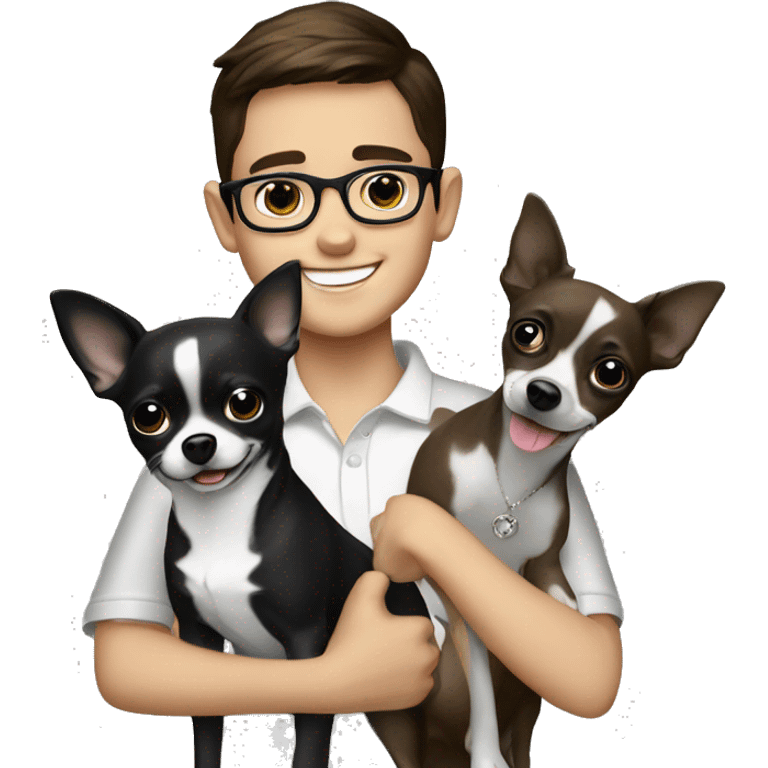 smiling brunette boy with jewelry and eyeglasses indoors and black & white chihuahua dog emoji