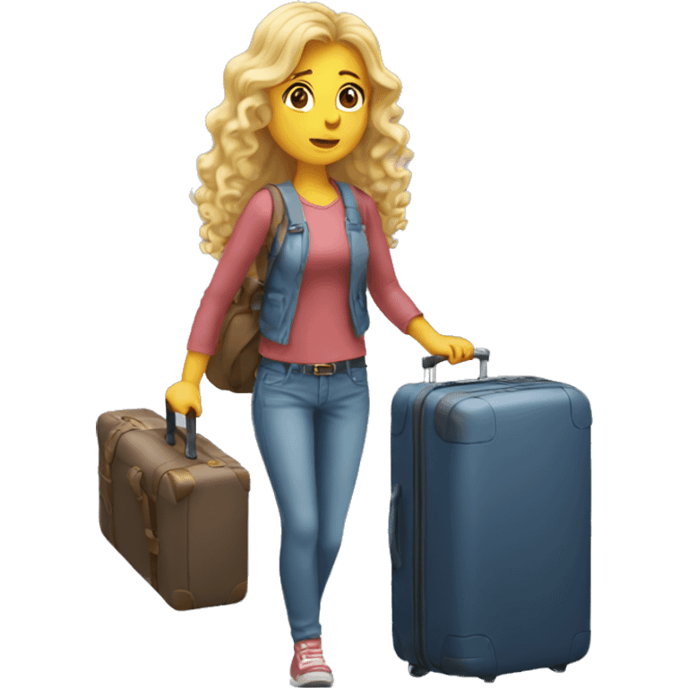 Blonde girl with curly long hair carrying luggage with a confused look emoji