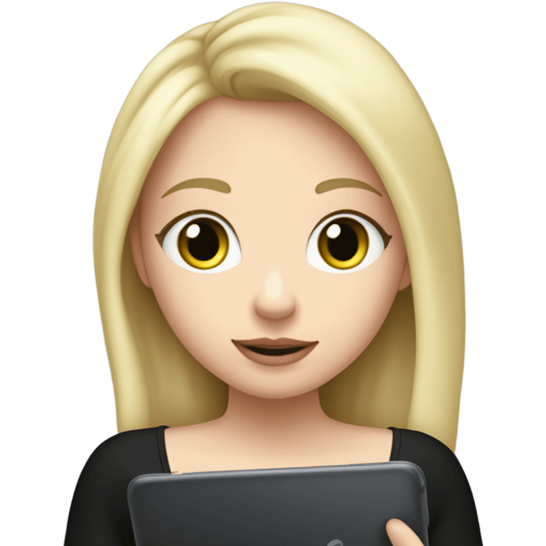 Apple grey ipad in girls hands (blond Girl whole height pinky lips greenish eyes wearing black top, holding IPad in one hand) the screen of the ipad is opposite to the girl‘s face emoji