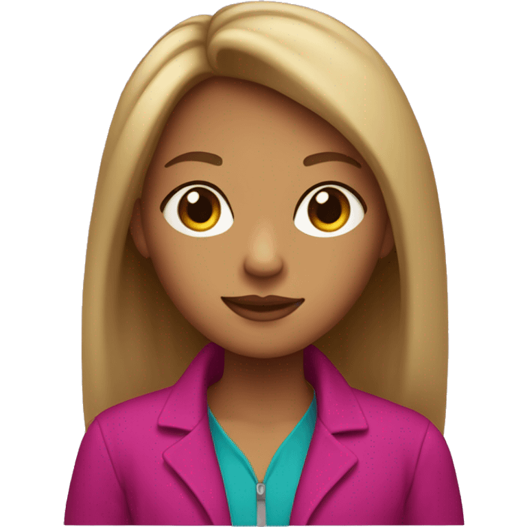 slightly tan girl with brown eyes, long hair, curtain bangs, and a magenta jacket emoji