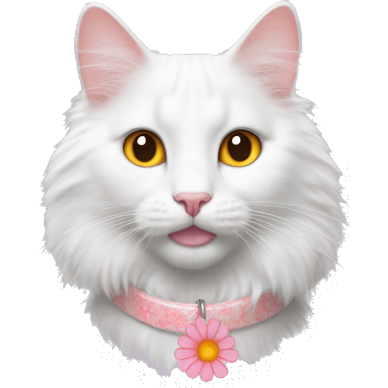 fluffy white and orange turkish van cat with pink flower collar emoji