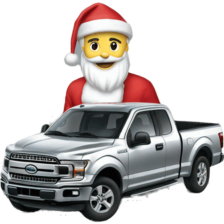 A silver F150 with Santa as the driver emoji