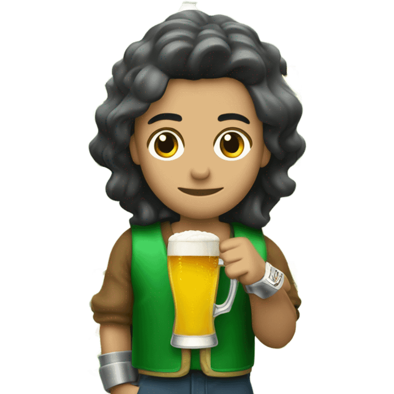 una persona con un chaleco verde y el logo de LA ONCE bebiendo una cerveza emoji