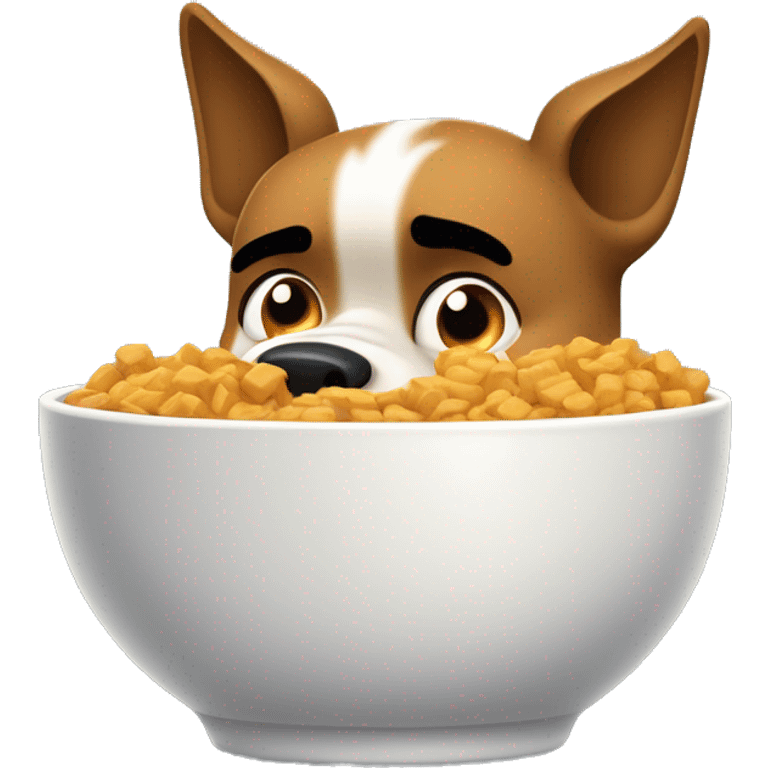 An angry dog with furrowed brows, aggressively eating from a bowl of food. Its ears are perked up in frustration, and it’s baring its teeth slightly while chomping down. The food bowl is tipped slightly as the dog devours the food with visible intensity. emoji