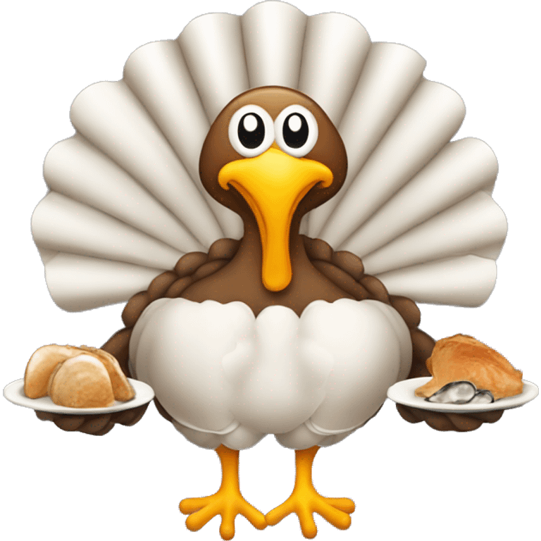 Turkey holding burning slice of toast and pan of oysters emoji