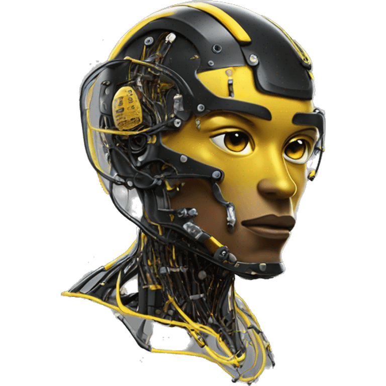 Black and yellow cyborg head with football helmet and circuits emoji