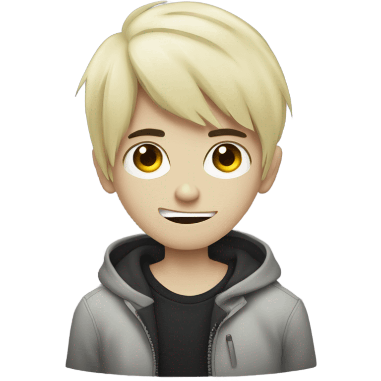 Boy, black hair, medium long, emo, shaggy, blonde highlights, zombie emoji, pale skin, creepy emoji