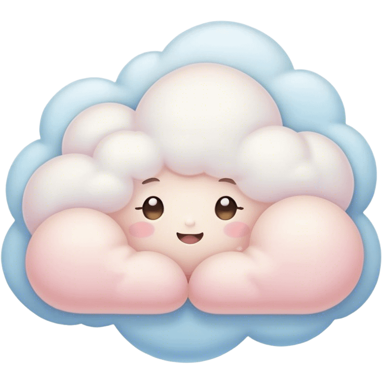 Cinematic tiny snuggly cloud, soft fluffy texture, gentle glowing edges, cute blushing cheeks, floating peacefully in a pastel sky, warm and dreamy. emoji