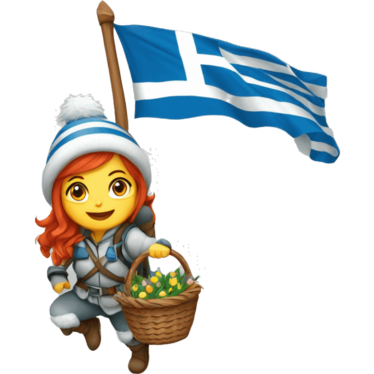 red hair female winter mountaineer climbing with Easter basket and Greek flag emoji