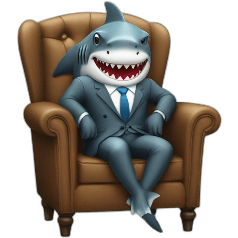 A shark sitting on a chair wearing a suit looking straight emoji