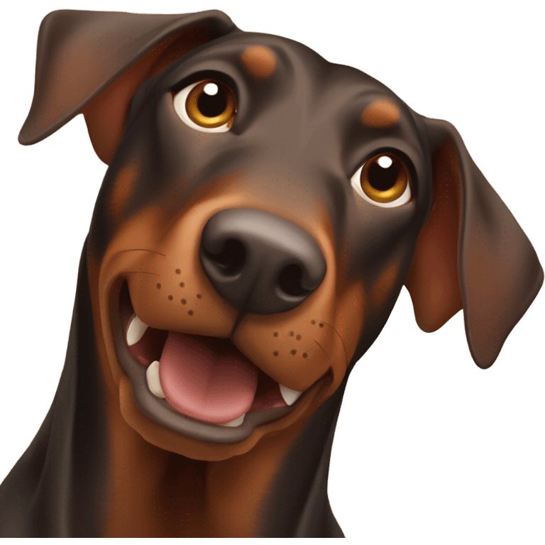 Brown Doberman without cropped ears looking forward and happy  emoji