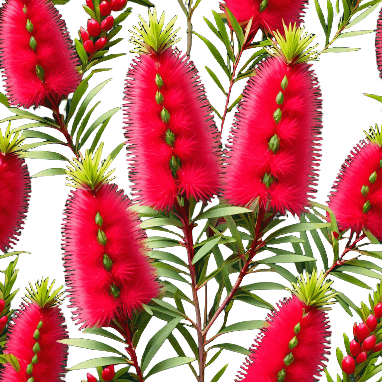 Cinematic Realistic Callistemon Emoji, Vibrant and striking, with spiky red flowers resembling a bottlebrush. The slender leaves create a fine backdrop to the bold blooms, while the plant exudes energy and vitality. Soft glowing outline, capturing the essence of strength, color, and natural beauty in a brilliant callistemon tree! emoji