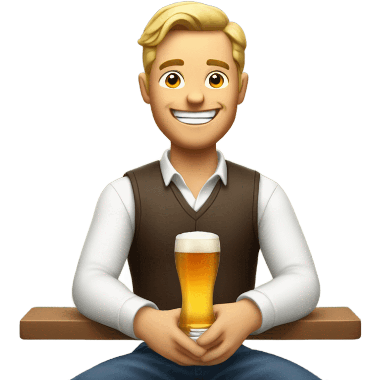 A happy white guy on a barstool looking at a phone and drinking a beer emoji