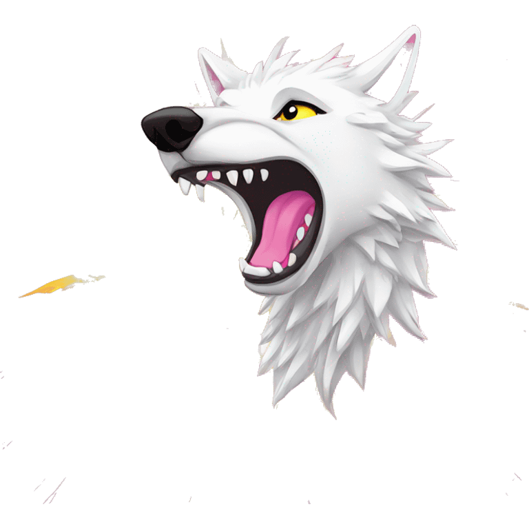 Sparkling crazy white snarling aggressive wolf dancing snow mad big eyes illustration doodle high contrast lightning bolt halo sun beams white pink yellow red party sparkle glitter emoji