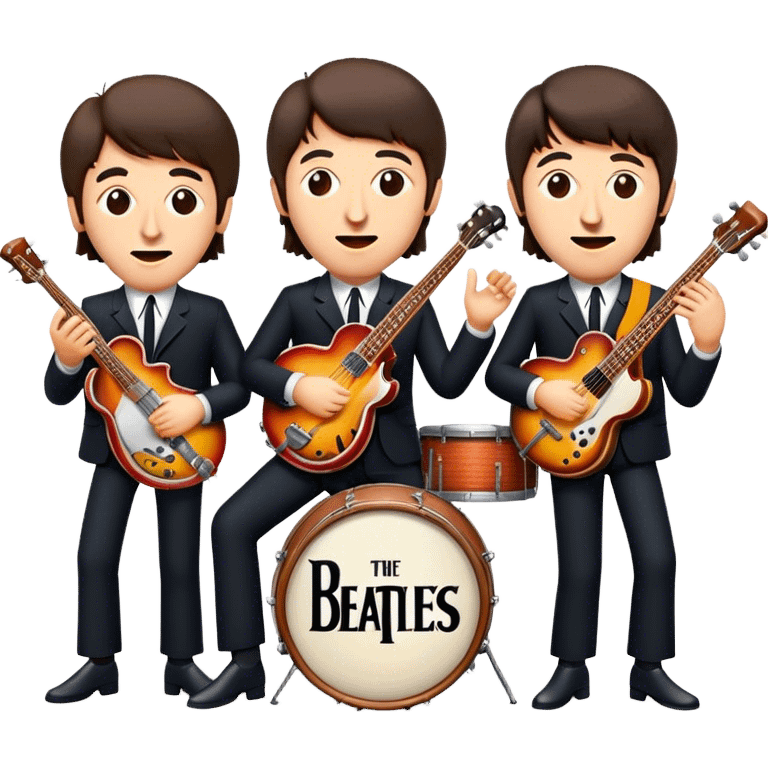 Cinematic Realistic The Beatles Group Emoji, depicted as an iconic band of four exuding playful charisma and musical genius with retro instruments and vibrant expressions, rendered with rich textures and nostalgic dynamic lighting that captures their legendary impact on pop culture. emoji