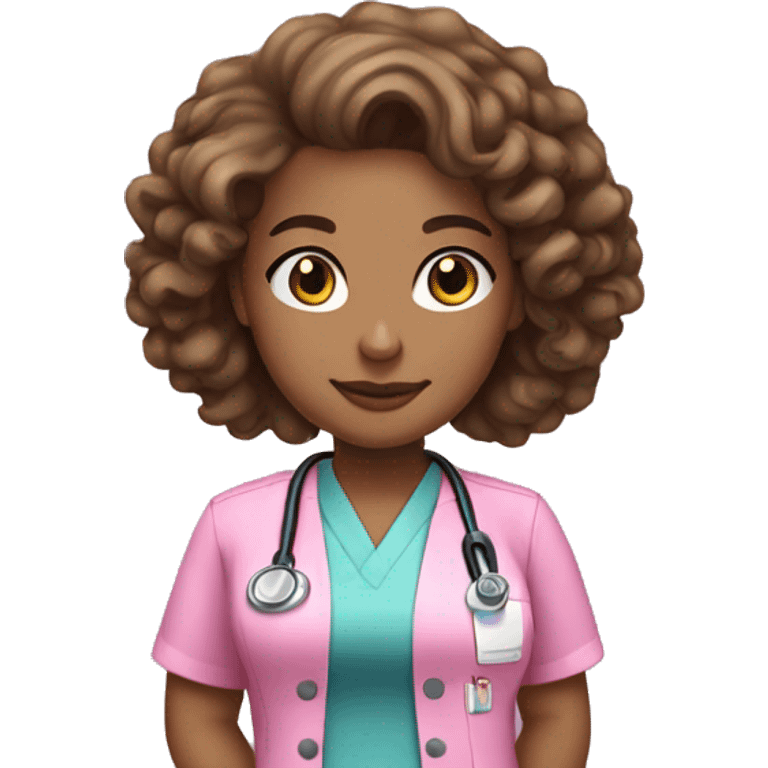 Light skin nurse with brown long curly hair in pink scrubs emoji