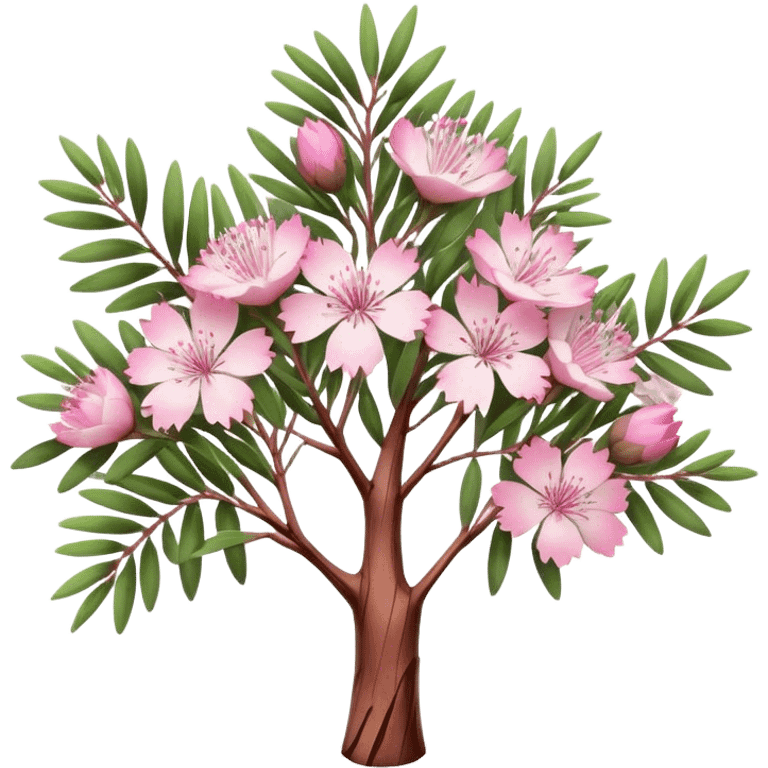 Cinematic Realistic Melaleuca Emoji, Elegant and resilient, with peeling, papery bark and delicate, needle-like leaves. The tree stands tall and graceful, with clusters of white and pink flowers dotting the branches. Soft glowing outline, capturing the essence of natural elegance and resilience in a beautiful melaleuca tree! emoji