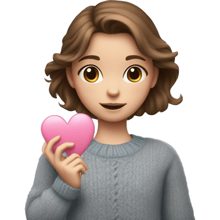 A girl with brown hair and blue eyes in a gray sweater holds a pink heart in her hands emoji