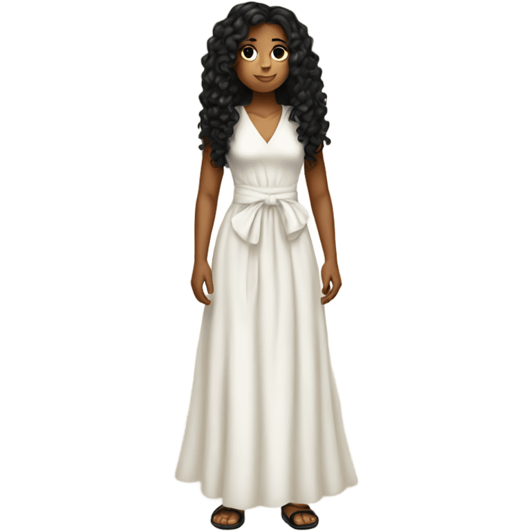 Tan girl with black long curly hair and white tied dress full body emoji