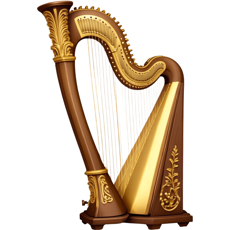 Create a luxurious and elegant emoji representing the LOUIS XV SPECIAL harp by the American manufacturer Lion & Healy. The design should feature the intricate, ornate frame of the harp with beautifully detailed carvings, highlighting the classical Louis XV style. Add golden strings and a subtle glimmer to evoke the high-end craftsmanship. Include delicate accents like musical notes flowing around the instrument to symbolize its melodic sound. Use warm, rich colors like gold, mahogany, and deep wood tones to reflect its luxurious and classical design. The background should be transparent. emoji