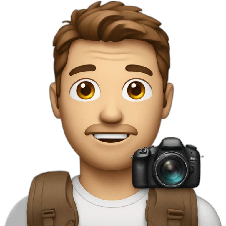 man surprised face with brown hair holding a camera emoji