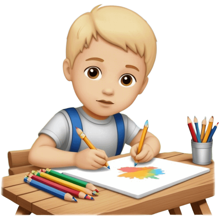 little boy drawing with pencils on white paper and wooden board outdoors emoji