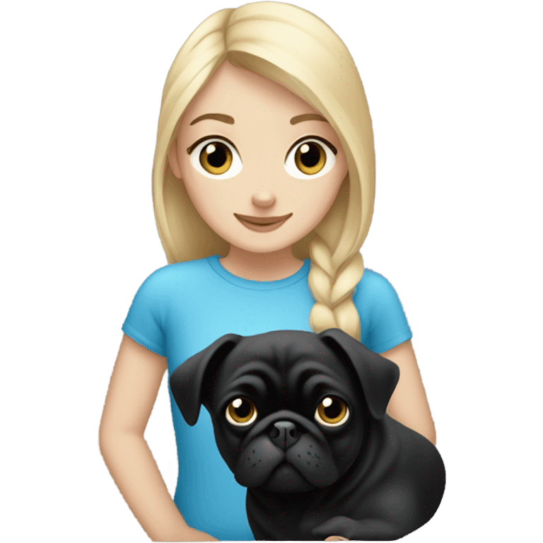 Girl with blonde hair and blue eyes holding a black pug emoji