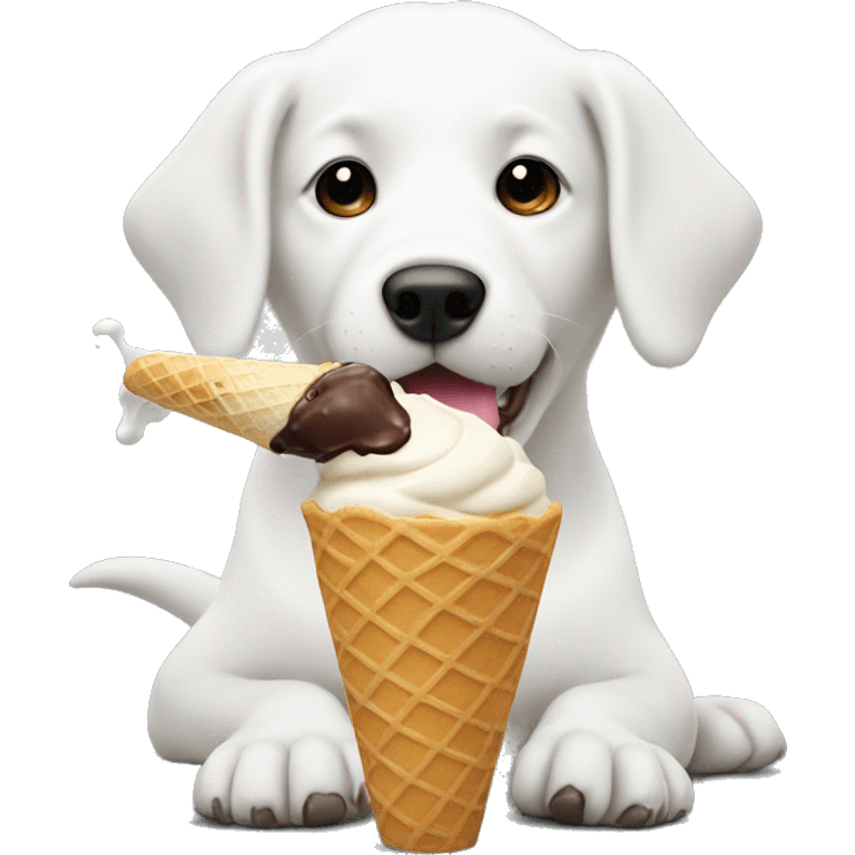 A white dog, licking up ice cream off the cement after a woman just dropped her ice cream cone emoji