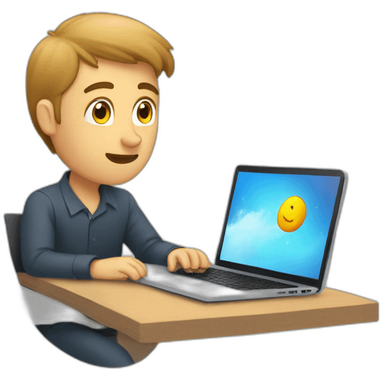 Caucasian guy working at laptop dreaming about his boyfriend emoji