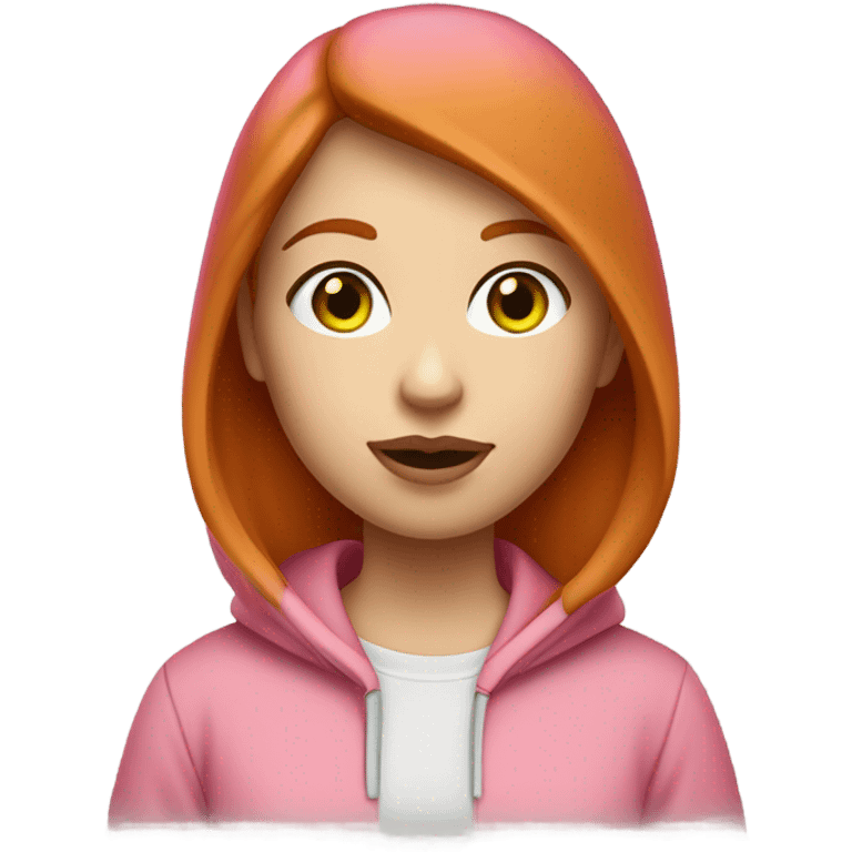 Red hair girl with short hair and white skin, green-gray eyes, pretty face, big lips in pink hoodie with macbook and white skin emoji