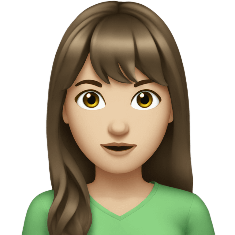 White girl green eyes with long voluminous brown hair with bangs emoji