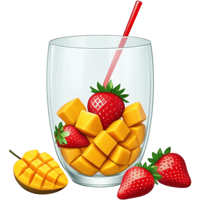 Transparent glass with pieces of mango and strawberries emoji