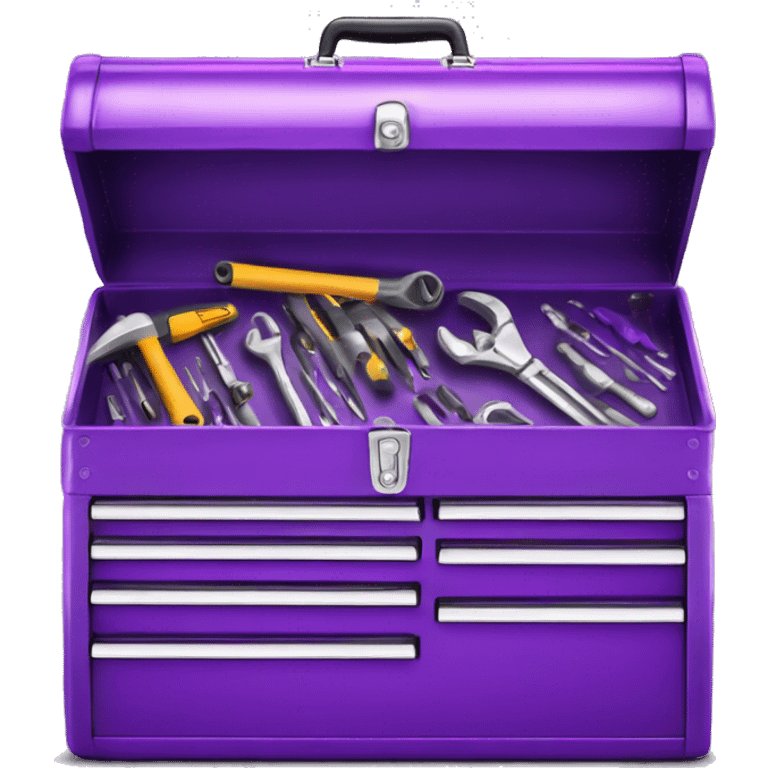 Realistic metallic purple tool box with top open and tools inside of it isolated.  emoji