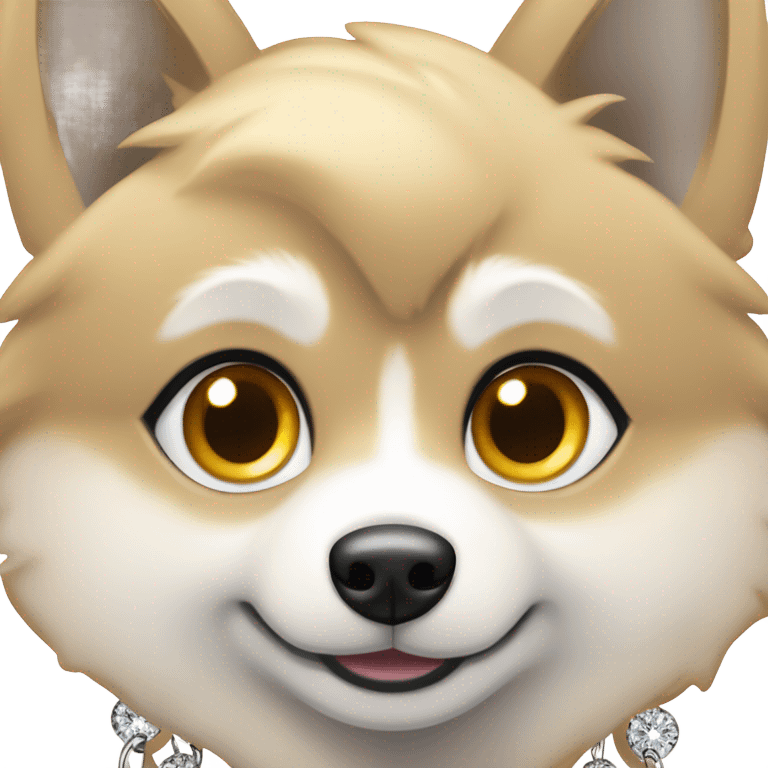 Pomsky with a gold chain and diamond earrings emoji