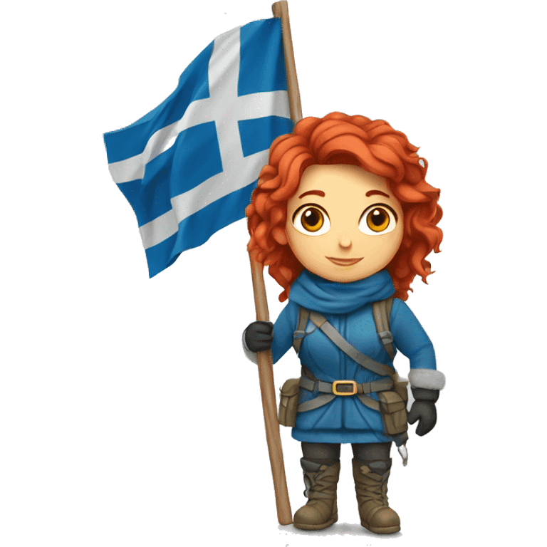 female winter mountaineer red hair holding greek flag emoji