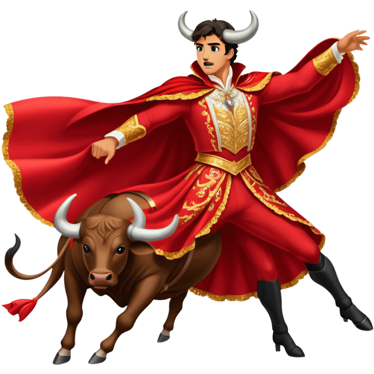 ​Cinematic Realistic Spanish Matador Holding a Red Cape, depicted in mid-action with a vibrant red cape flowing in the wind, dressed in an ornate traje de luces with shimmering details, confronting a charging bull in a dramatic arena, rendered with dynamic motion blur and vivid, high-contrast lighting, emoji