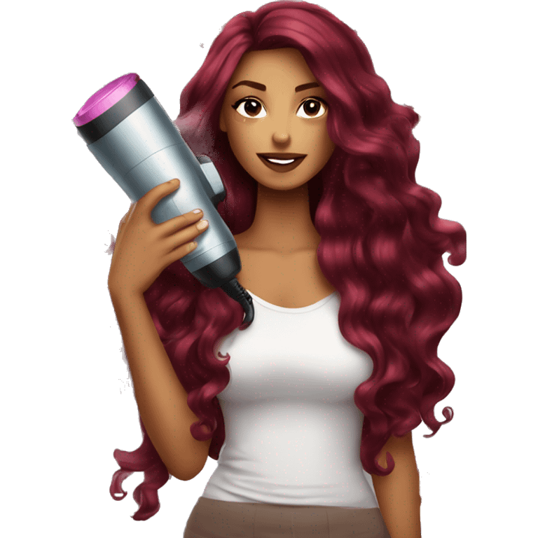 Beautiful tattooed  burgundy long haired woman blow drying her hair emoji