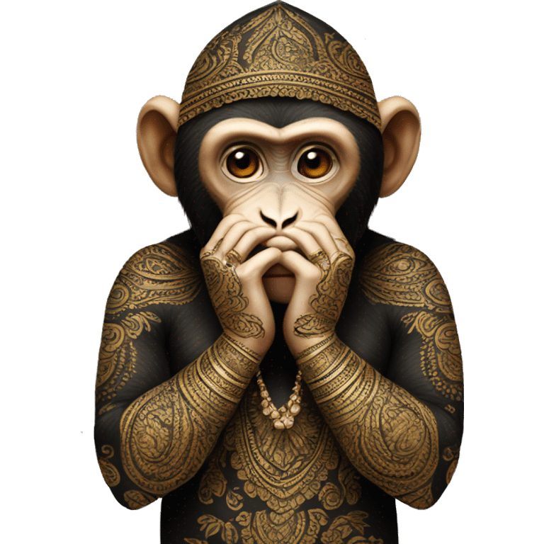 monkey covering its face with its hands - it should also be wearing a black headscarf and black clothing on arms and its hands should have mehndi on them emoji