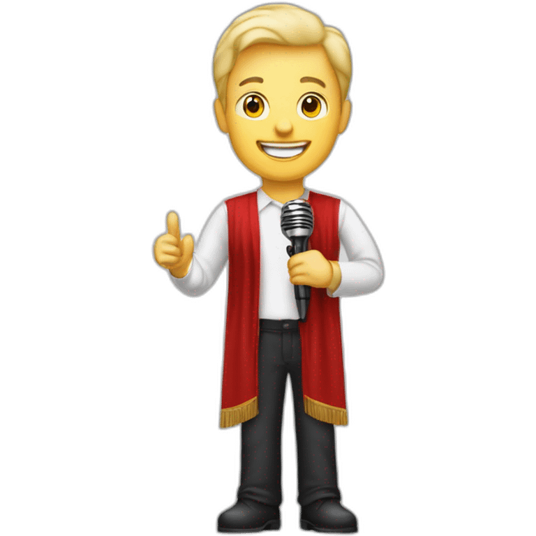 white light skin man person standing in a theater with red curtains standing on elevated stage holding a microphone smiling with light hair emoji