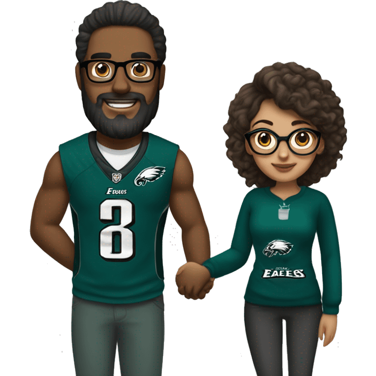  Brown guy with beard and mustache holding hands with a brown girl with her hair in a bun and she’s wearing glasses in Philadelphia eagles clothing  emoji