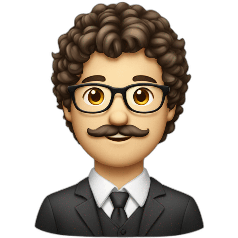 jeune homme cheveux long bouclé et brun, fine lunette et moustache emoji