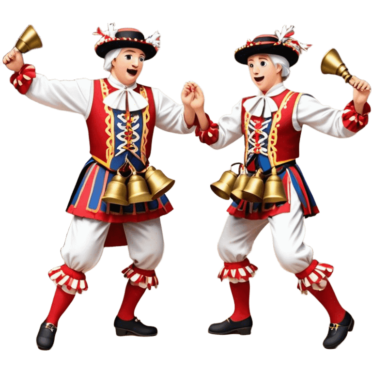 Cinematic Realistic scene of two performers executing a Morris Dance in full traditional costume—with bells, ribbons, and clogs—captured in dynamic motion against a rustic English backdrop and warm, golden lighting emoji