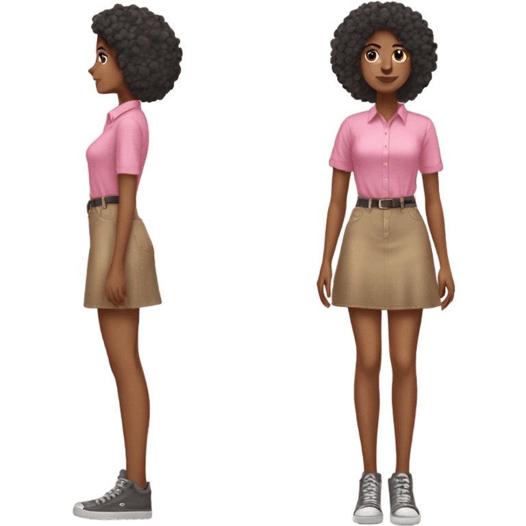 Tan girl with Afro posing full body jean skirt pink shirt emoji