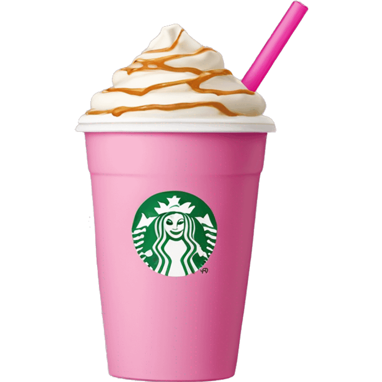 Starbucks Cute vanilla coffee with caramel drizzle in a pink plastic cup with one straw rounded top  emoji