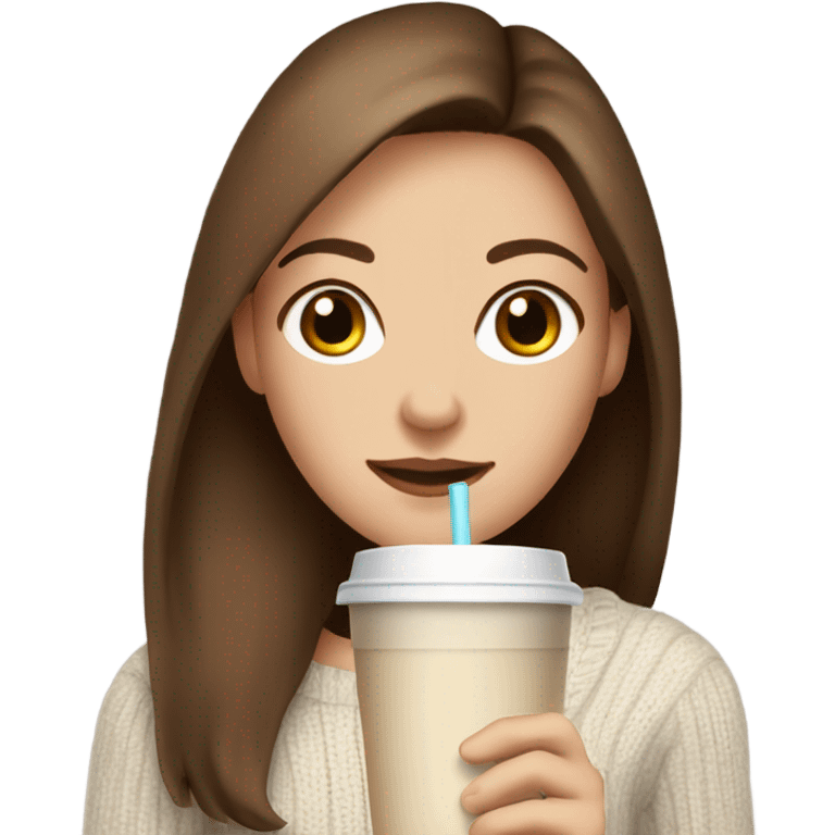 Beautiful white woman mom, long straight brown hair, brown eyes, cozy holding an iced coffee, white sweater emoji