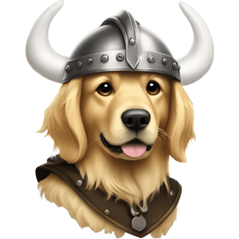 Golden retriever in dark Viking helmet with white horns emoji