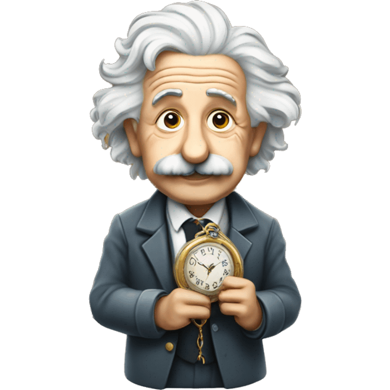 Albert Einstein holding an antique watch on a chain emoji