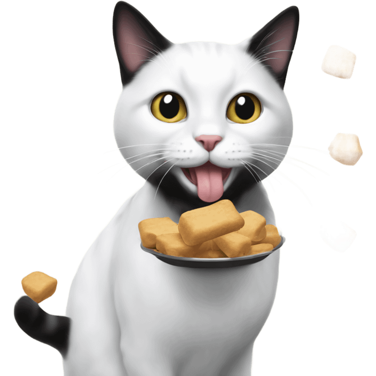 Black and white cat eating treats emoji