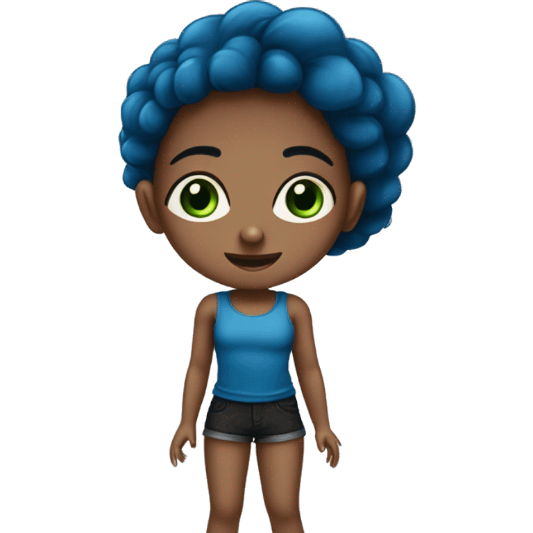 Niña con pelo marrón ojo verde con azules ropa una camiseta Top negro, unos pantalones Short azules emoji