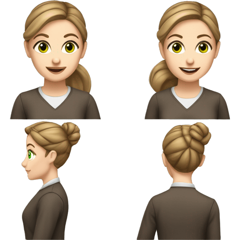 a female teacher who has green eyes brown hair and pale skin. she likes her hair in a bun. She loves coffee so much. Make the scenery in a classroom. She likes wearing sporty things. she is a teacher and her hair is in a bun.
 emoji